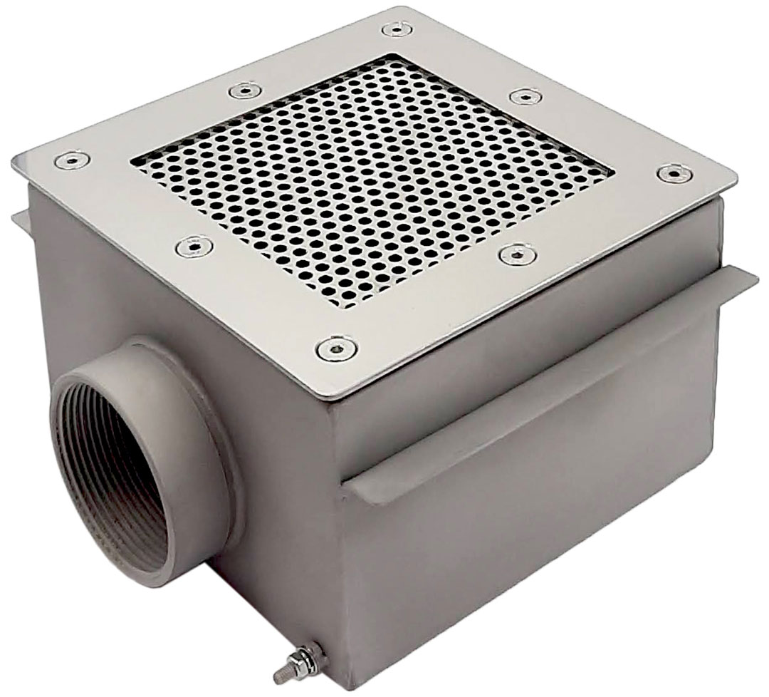 Донный слив квадратный сетчатый 40 м3/час Xenozone, ВР 2.5" 250x250x120 (плитка/плёнка), AISI-304 (СД.25.2)